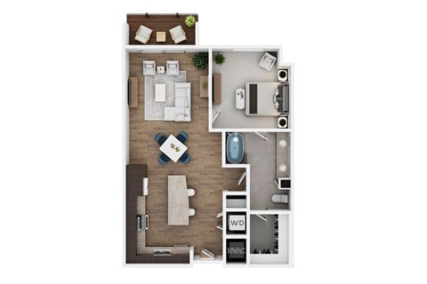 Floor plan for 1 bed, 1 bath, 897 sqft